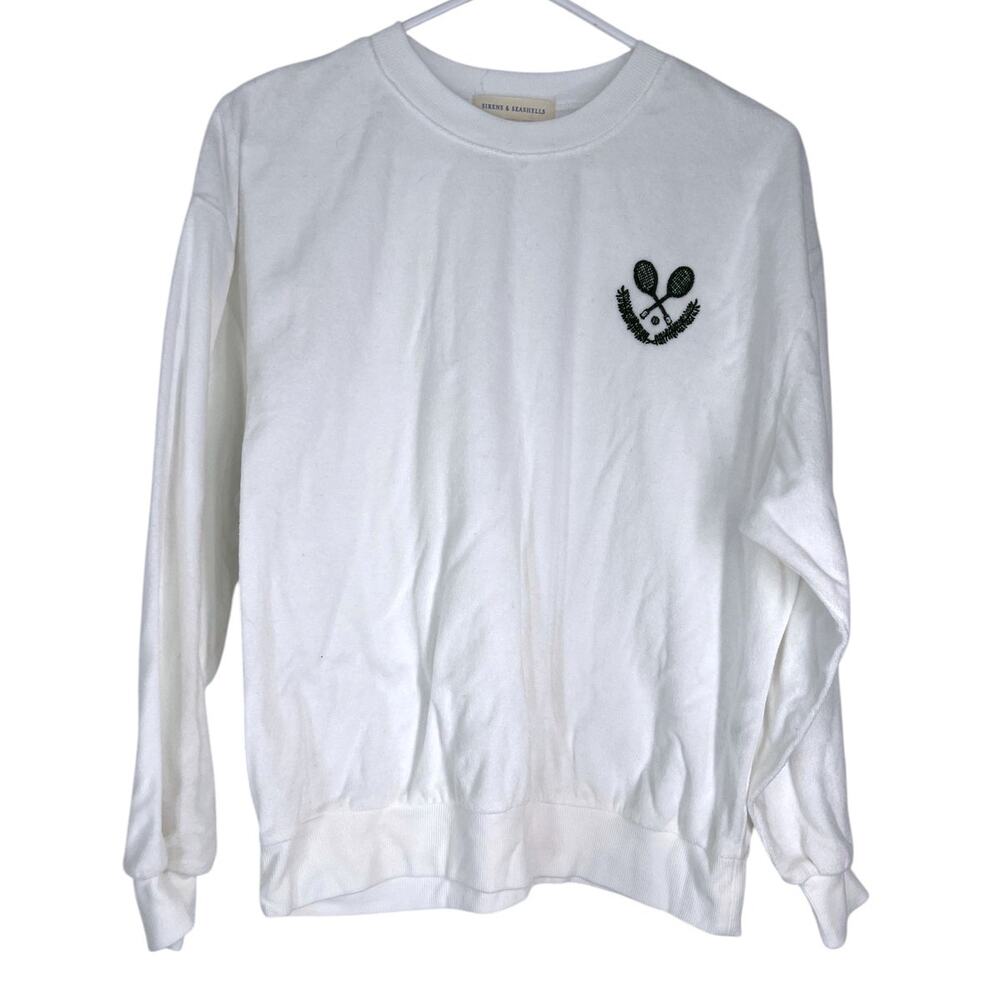 S Terry Crewneck Pullover Sweatshirt Top Tennis Country Club Crest Old Money - Picture 2 of 6